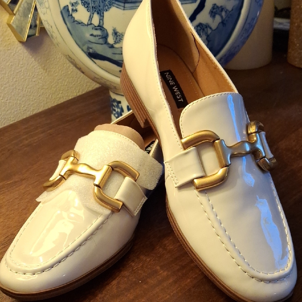 Nine West Cream Loafers with Gold Buckle